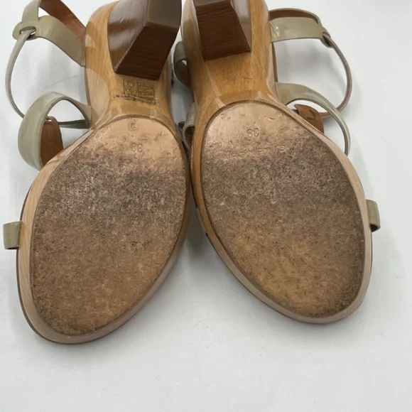GIVENCHY Tan Wood‎ Platform Patent Leather T-Strap Cone Heel Sandals Sz 38/7.5 - Picture 15 of 15